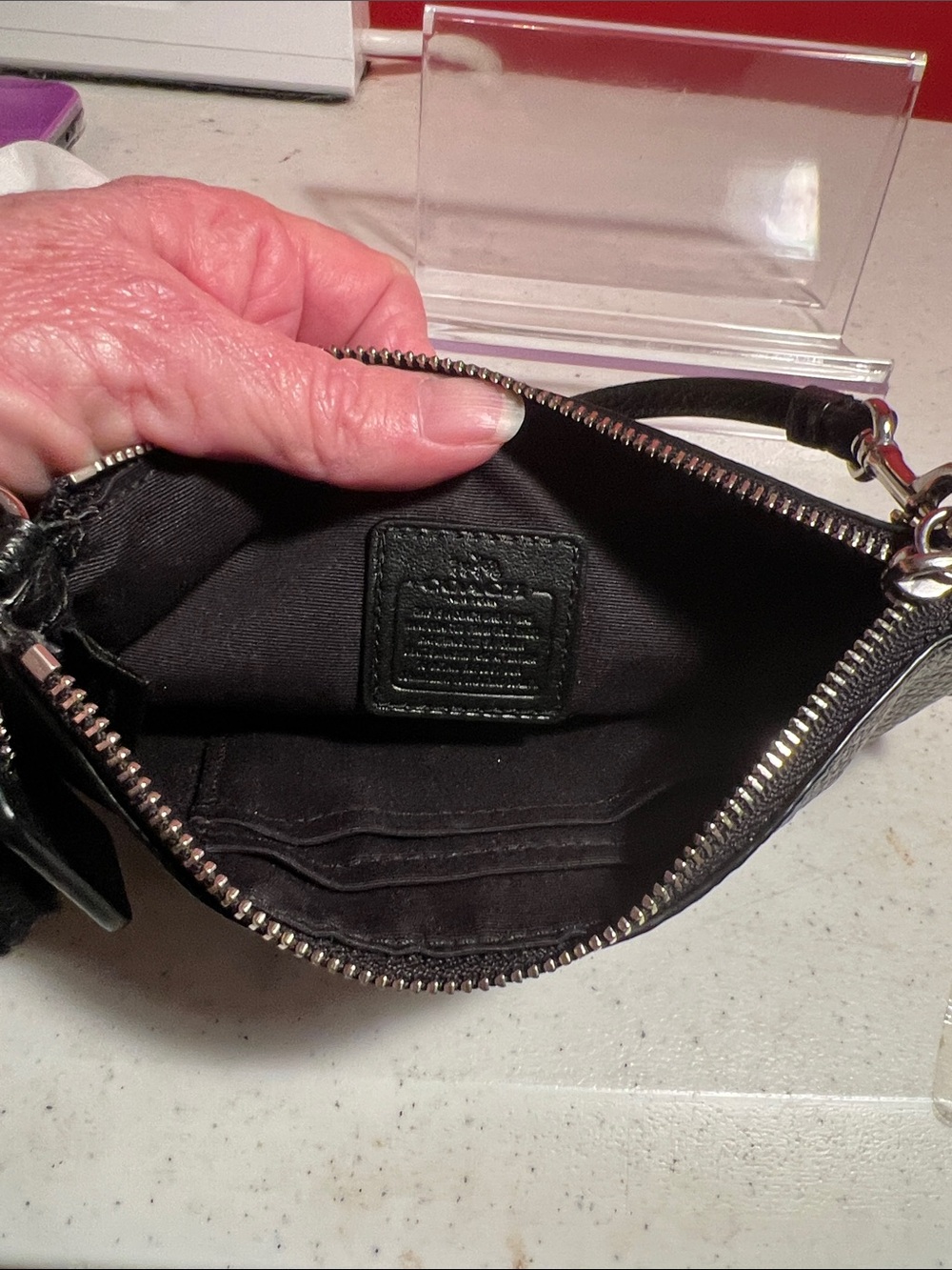 Coach Black Pebbled Leather Shearling-Trim Wristlet - Picture 9 of 14